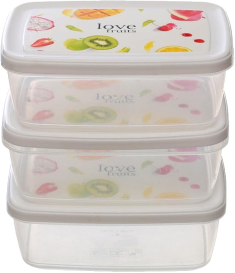 BB Rectangular Plastic Microwave Containers with White Lid 3-Pieces Set, 850 ml Capacity, Transparent with Fruit Designs
